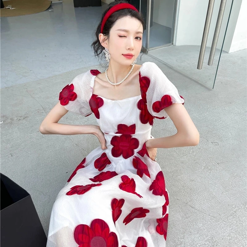 

Red Flower Print Knee-length Dress For Women Square Collar Puff Short Sleeve High Waist Jacquard Gauze Dresses Female Fashion