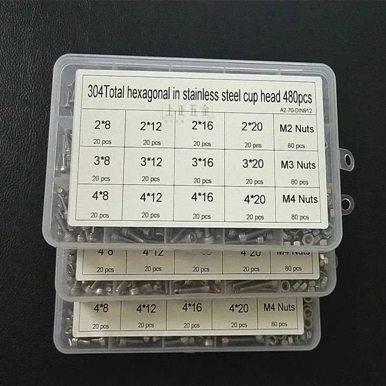 480pcs M2 M3 M4 boxed DIN912 304 stainless steel cup head hex screw with nut combination set | Обустройство дома