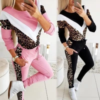 elijoin autumn new round neck v shaped leopard print color matching casual sweater set