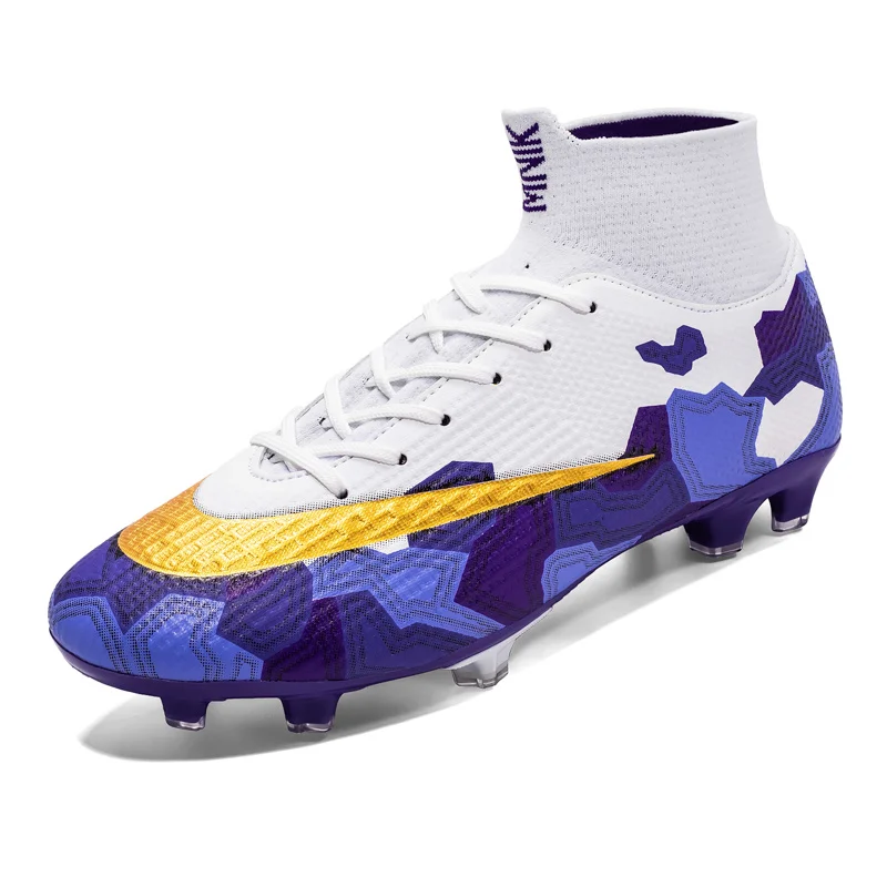 Fashion Purple Printed Soccer Cleats Men Outdoor Lightweight Soccer Boots Men Professional Unisex High Ankle Football Shoes Men