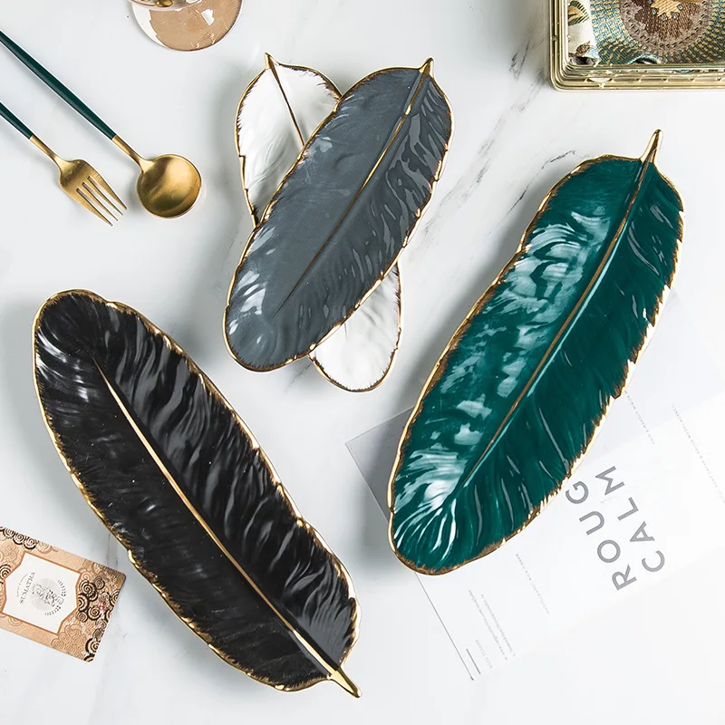 

Nordic Feather Jewelry Decorative Tray Creative Ceramic Household Fruit Dessert Afternoon Tea Dinner Plate Kitchen Storage Tray