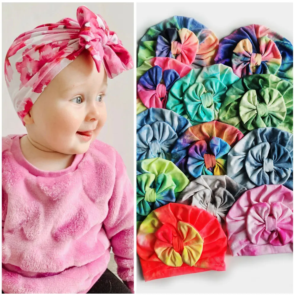 Детские шапки Tie dye с большим бантом тюрбаны для девочек детские головные уборы