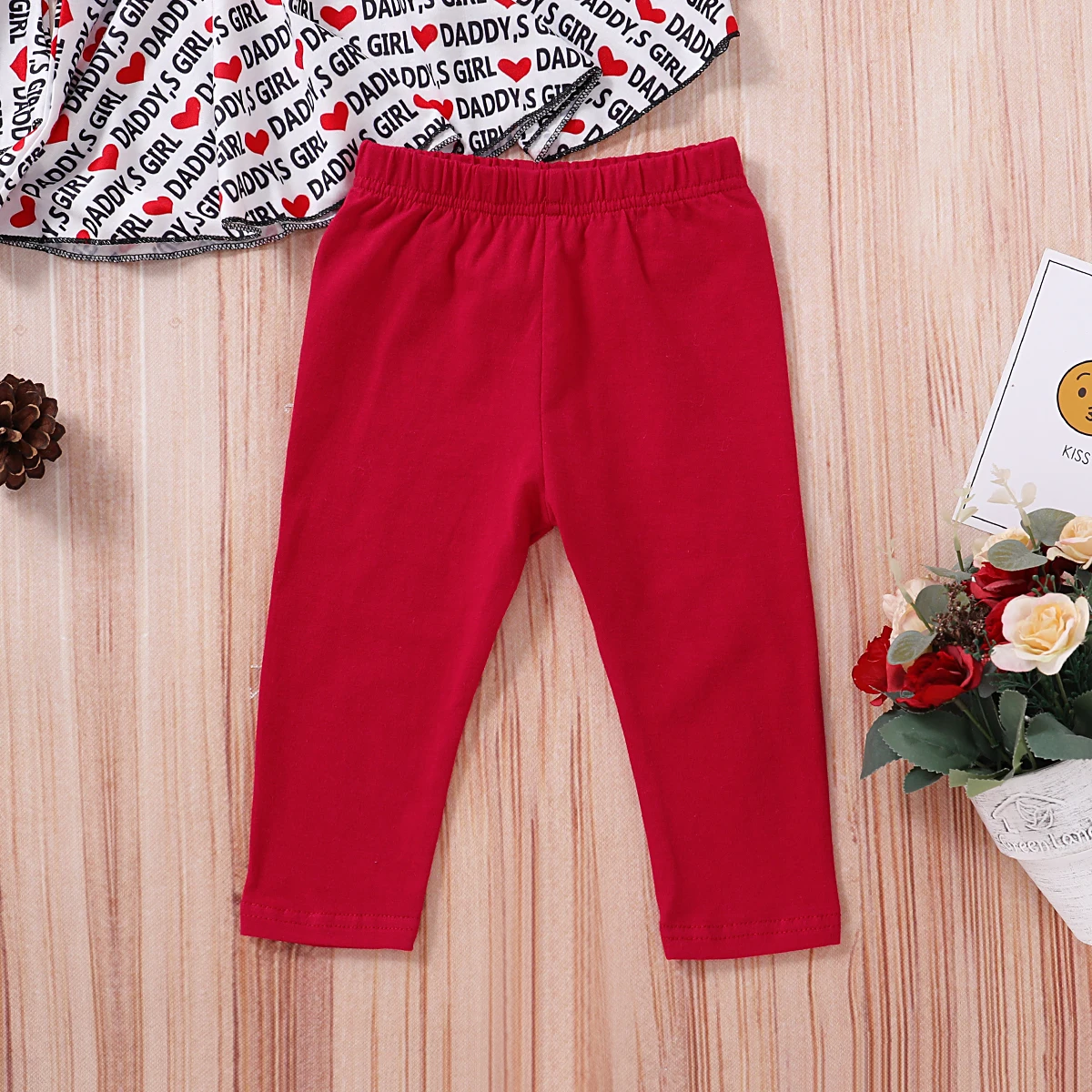 

OPPERIAYA Little Baby Girls 3-piece Set Letter and Heart Print Lace Pagoda Sleeve Tops Solid Color Trousers and bow Hairband