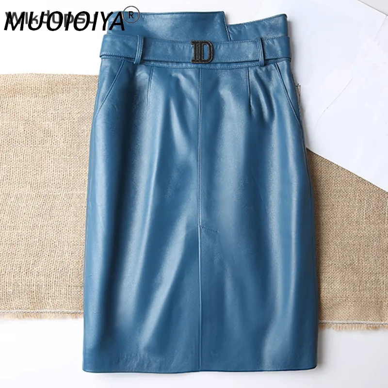 

Real Genuine Leather Skirt Women 2021 New Midi High Waist Bodycon Skirt Office Ladies Pencil Skirt Belted Knee Length Plus Size