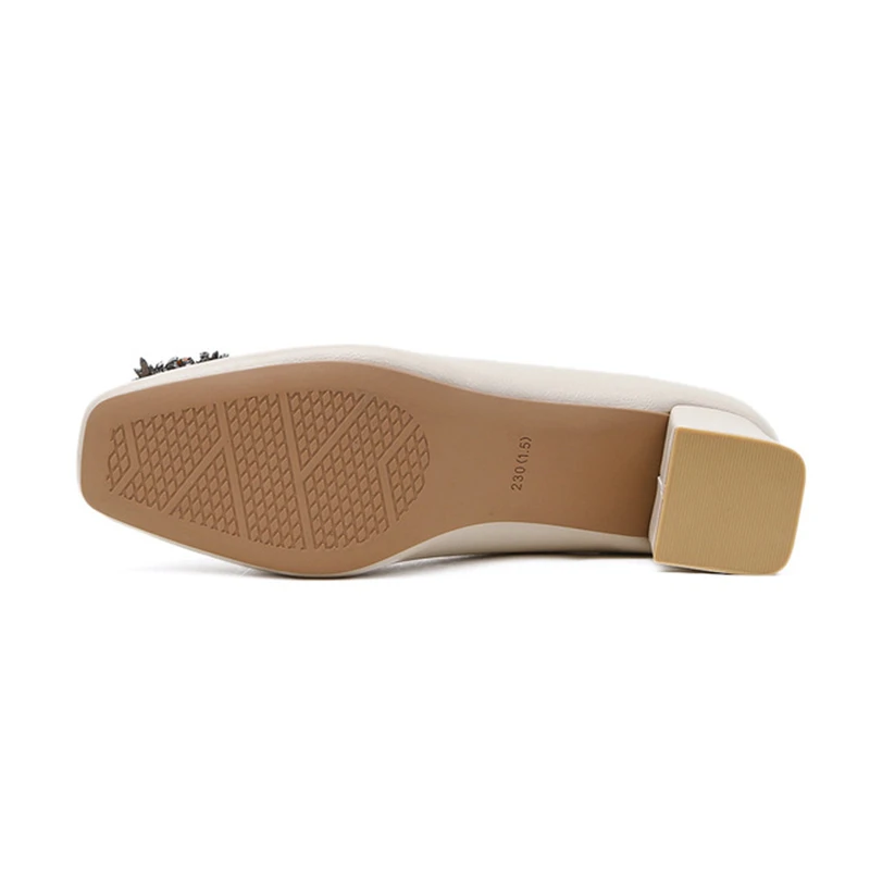 

Women's shoes spring 2021 new single shoes square toe thick with diamond buckle mid-heel soft leather comfortable high heels