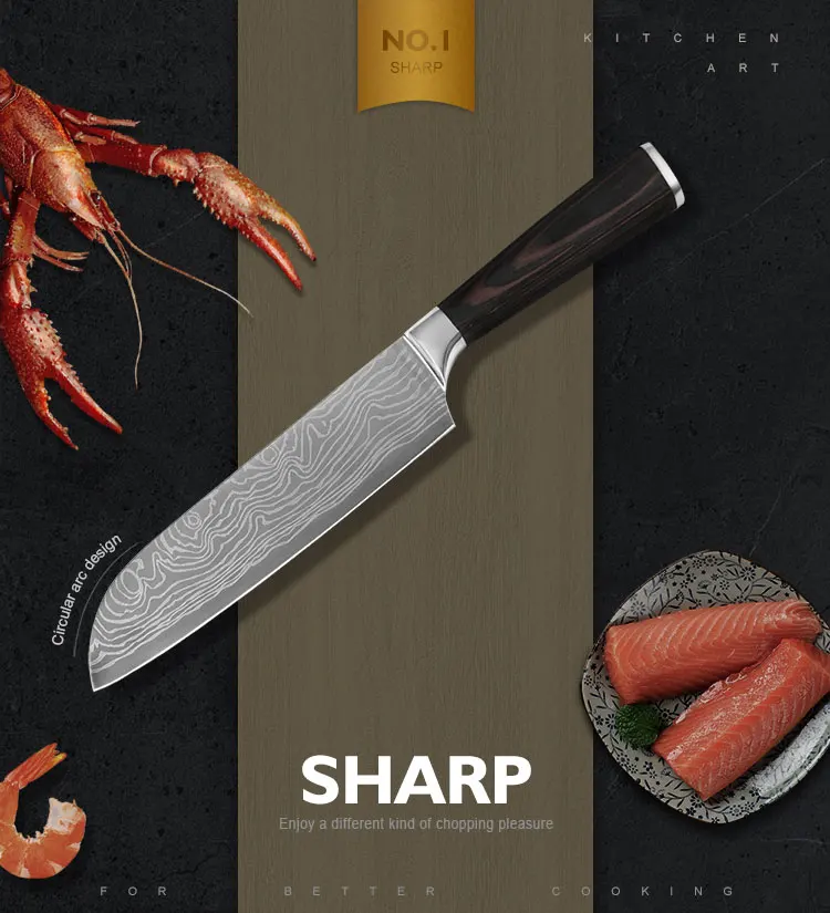 Набор ножей из нержавеющей стали Santoku 8 дюймов поварские ножи с ножками дамасский узор Кухонные гаджеты Инструменты Посуда Ножи держатель