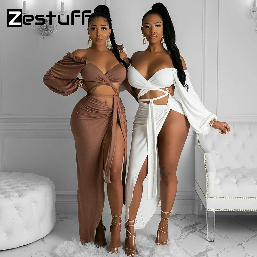 

Женский драпированный комплект Zestuff, юбка и топ, женская сексуальная клубная одежда, короткий топ с длинным рукавом-фонариком, Женский компл...