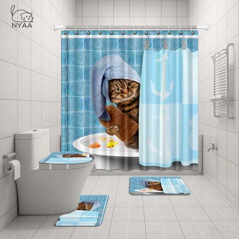 NYAA 4 шт. Британский короткошерстный кошачий душ занавеска пьедестал ковер крышка туалет коврик для ванной коврик набор для декора ванной комнаты - Цвет: NY5067