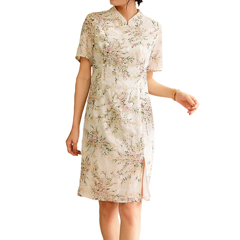 

LOVZON 2021 Summer French Bone-Cut Improved Cheongsam Machine Embroidery Young Elegant Floral Dress Chinese Traditional Costumes