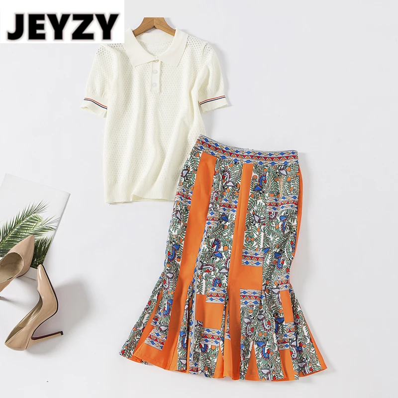 

Женский трикотажный костюм с юбкой-годе, подиумный дизайнерский комплект из пуловера с коротким рукавом и ажурной Юбки миди с цветочным при...