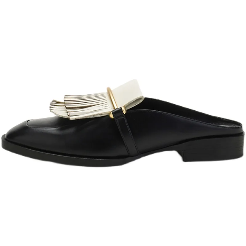 

Cover Toe Loafers Low Slippers Casual Flat Shoes Female Fringe Slides Mules For Women 2021 Rivet Luxury Hoof Heels Basic PU Bond