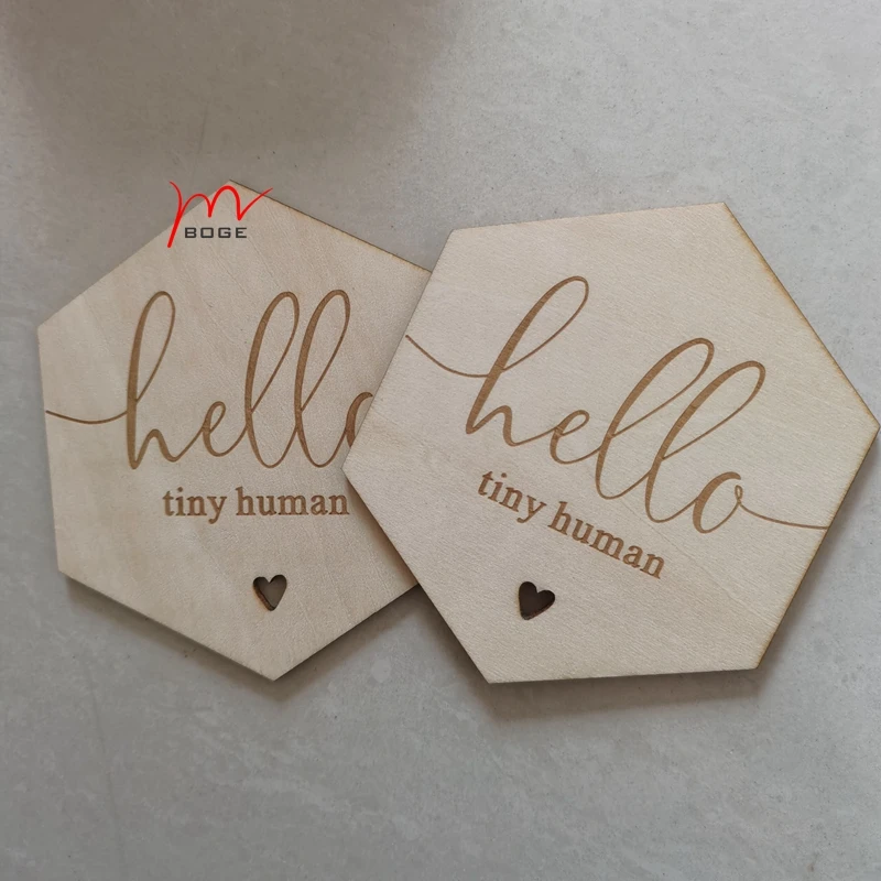 20 Uds. Hello Tiny disco de madera humano, anuncio de beb&eacute;, tarjeta hexagonal de llegada de beb&eacute;-2