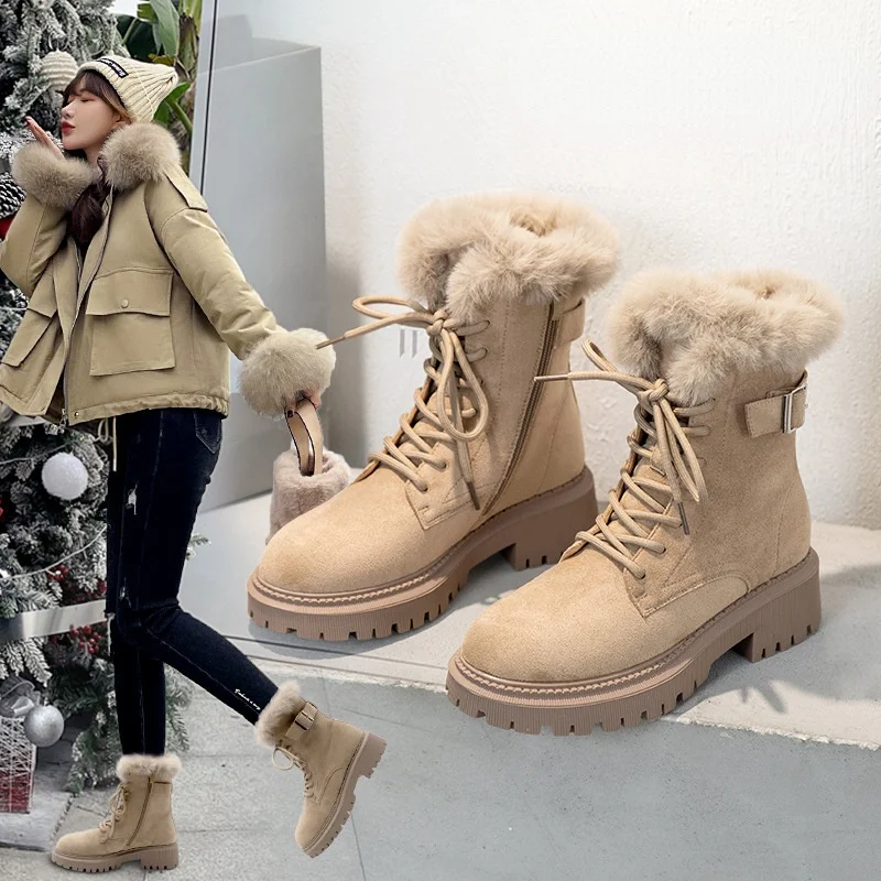 

Women Snow Ankle Boots Fashion Female Lace Up Shoes Ladies Warm Plush Women's Shoes Black Round Toe Short Martin Boots Winter