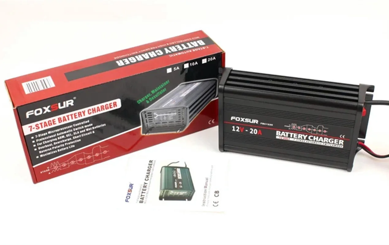 

FOXSUR 12V 20A 7-stage smart Lead Acid Battery Charger , Aluminum case Car Battery Charger Input voltage: 180-260V AC, 50Hz