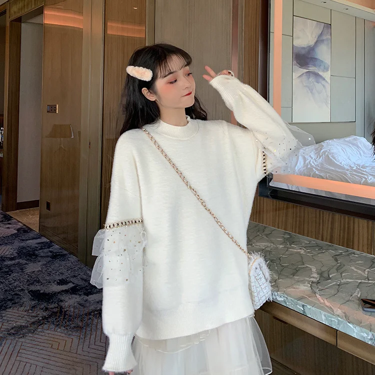 

Lace Sleeve Sweater Women's Mid-Length Loose Outer Wear