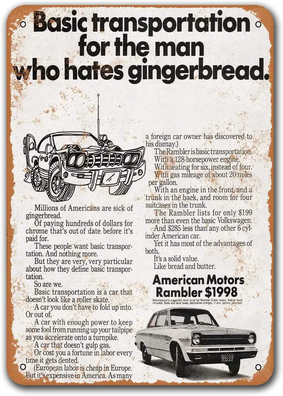 

1969 AMC Rambler Old Car Tin Sign, Sisoso Vintage Metal Plaques Poster Garage Man Cave Retro Wall Decor 12x16 inch