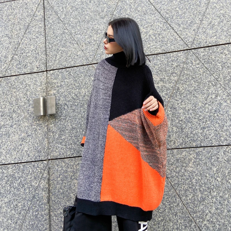 

Size Contrast Big Color Knitting Turtleneck Sweater Loose Long Sleeve Women New Fashion Tide Autumn Winter 2021 1DD2264
