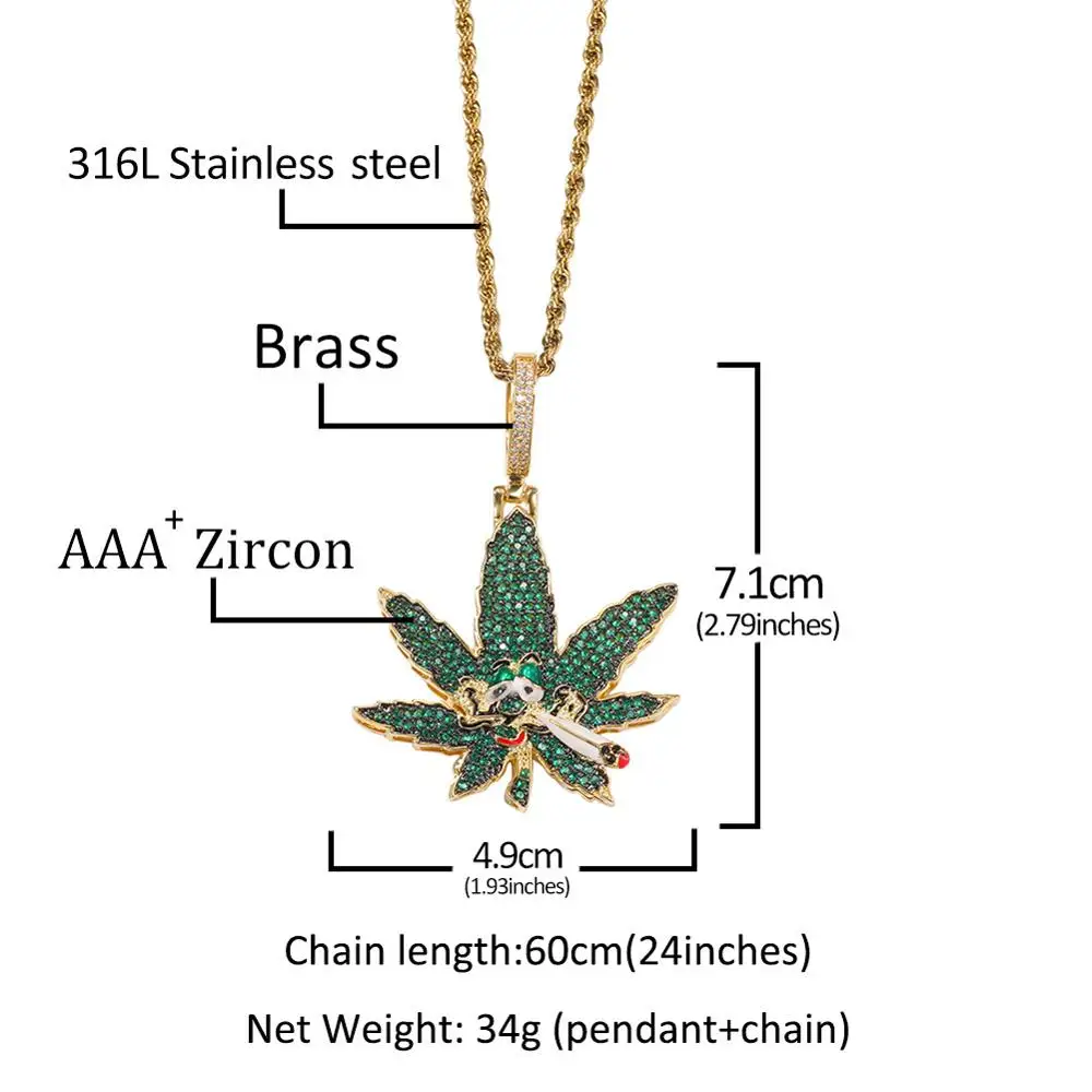 

New Hip Hop AAA Zirconia Paved Bling Iced Out Skull Smoking Leaves Pendants Necklace for Women Men Rappers Jewelry