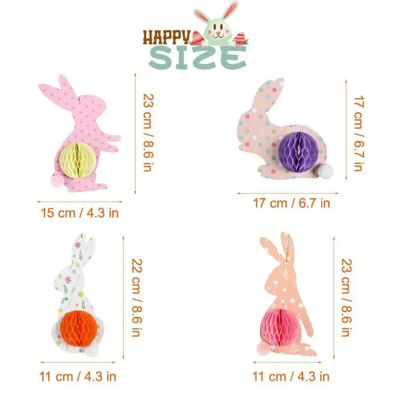 

4PCS Easter Honeycomb Rabbits Set Home Decor Hanging Easter Decor Bunny Egg Chick Ornament Baby Shower Birthday Hanging Pendant