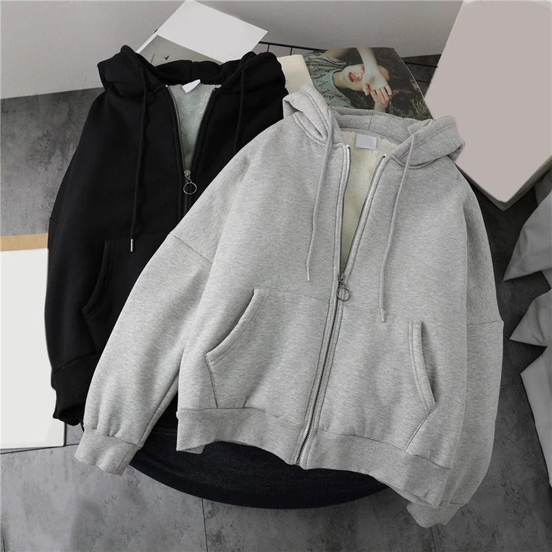 

Hooded Coat Casual Solid Color Basic Warm Winter Thick Fleece Zip-up Pockets Women Outerwear Hooded Coat For Female Plus Size