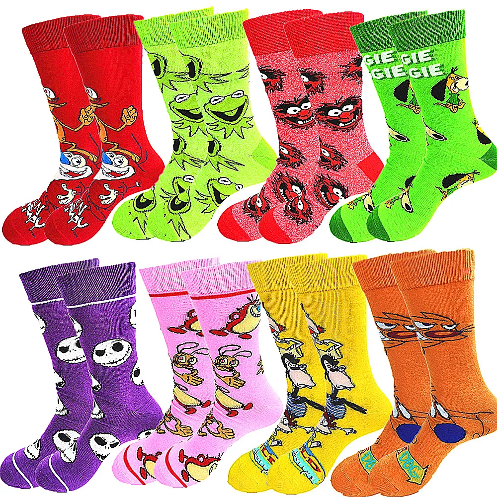 

A Pair of Autumn and Winter Cartoon Animal Men Socks Red Yellow Orange Green Pink Purple Tube Street Wind Senior Sewing Crew Soc