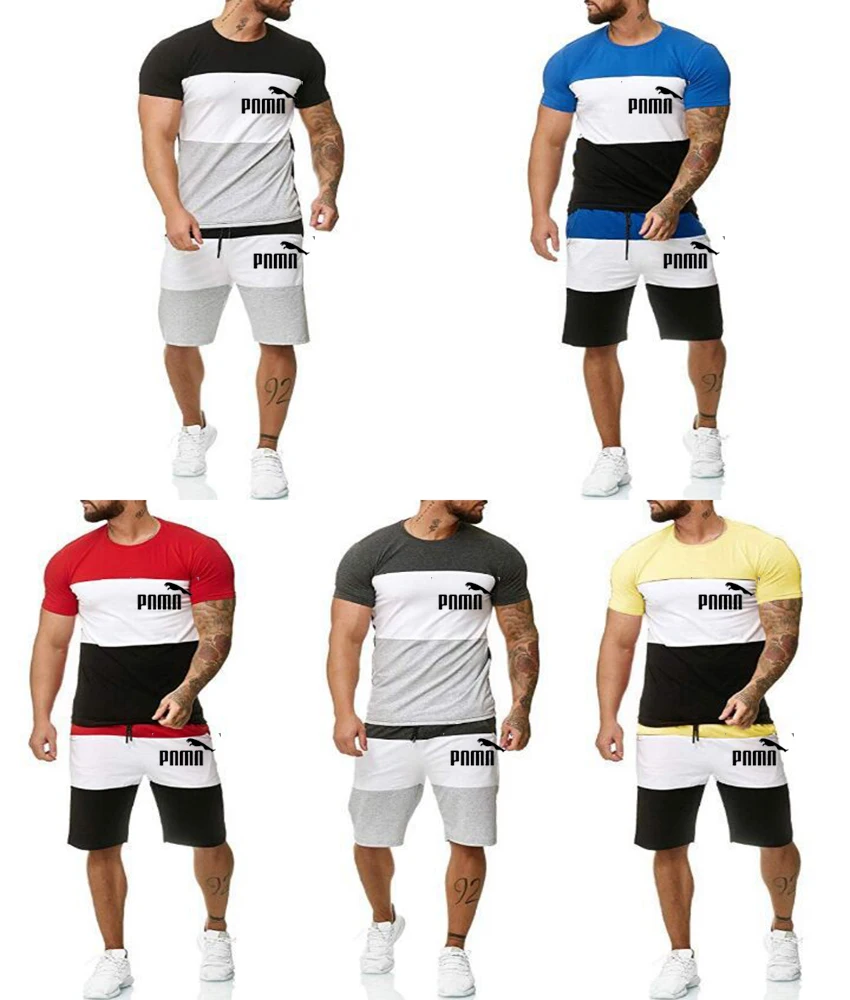 

2021 Men Casual Set Fashion 2 PCS Sweat Suit Striped Short Sleeve T-shirt Shorts Sets Male Sportswear Tracksuit Summer Sportsuit