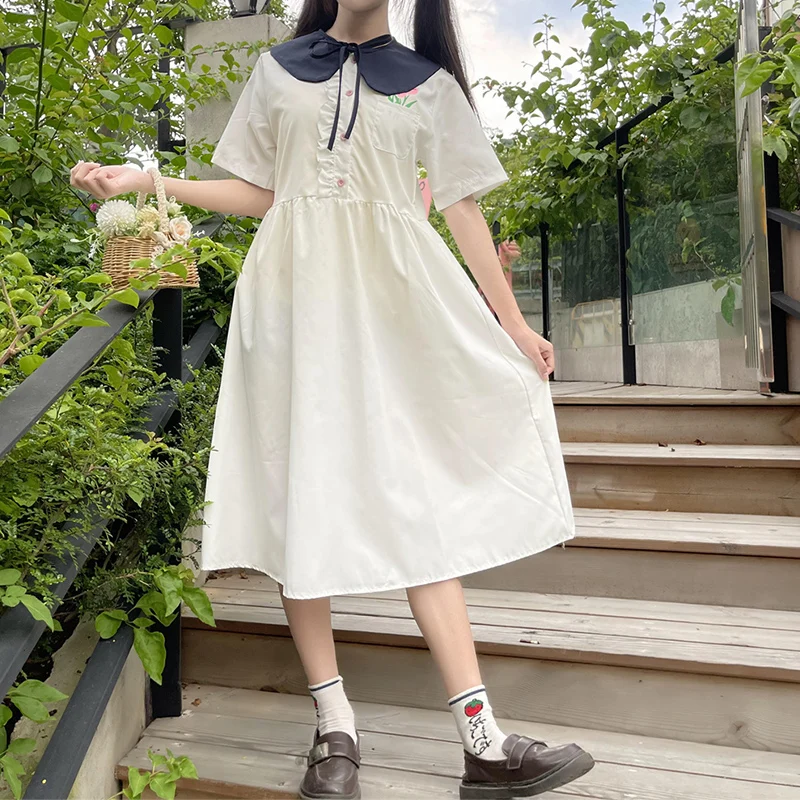 

Japan Sweet Dress Women Summer 2021 Cute Kawaii Midi Harajuku Dresses White Blue O-Neck Clothes Fairycore Cyber Y2k Cottagecore