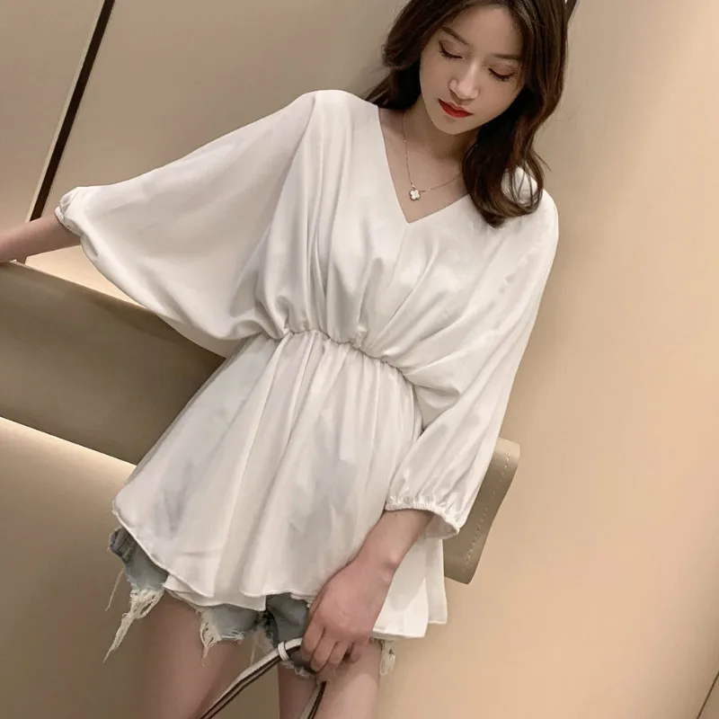 Блузка женская плиссированная тонкая элегантный топ с V-образным вырезом и