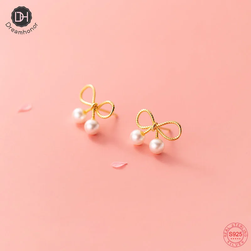 

Dreamhonor 14K Gold Plated Bowknot Pearl Stud Earrings For Women Sterling Silver Summer Gifts SMT112