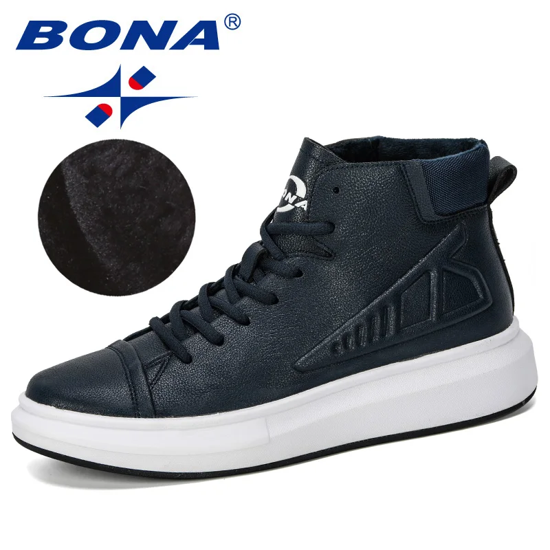 BONA/ Новые популярные мужские вулканизированные туфли мужские высокие короткие плюшевые модные кроссовки на шнуровке уличная однотонная мужская обувь - Цвет: Deep blue
