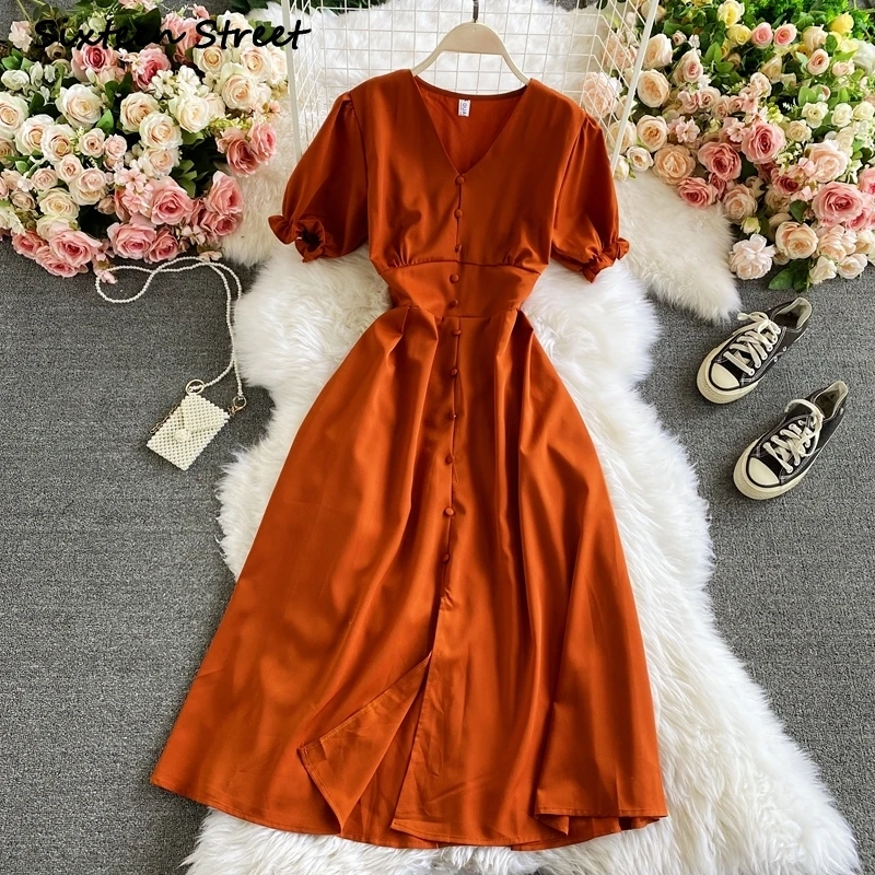 

Женское винтажное платье на пуговицах, однотонное платье с V-образным вырезом, в Корейском стиле, Y2k, 2021