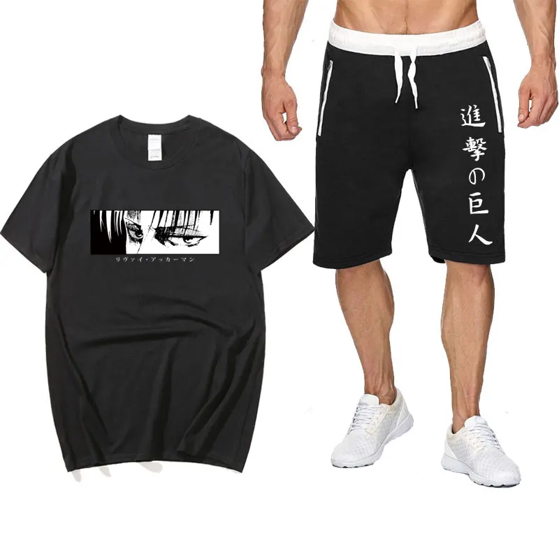 

Summer Two Piece Set Anime cotton men's T-shirt + sports men's sets Attack On Titan Shorts pantsuit T Shirts Sets Sweatpants