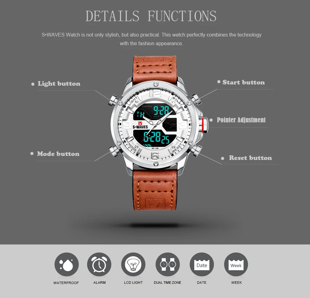 Кожаные мужские часы 2019 с двойным дисплеем повседневные кварцевые ЖК