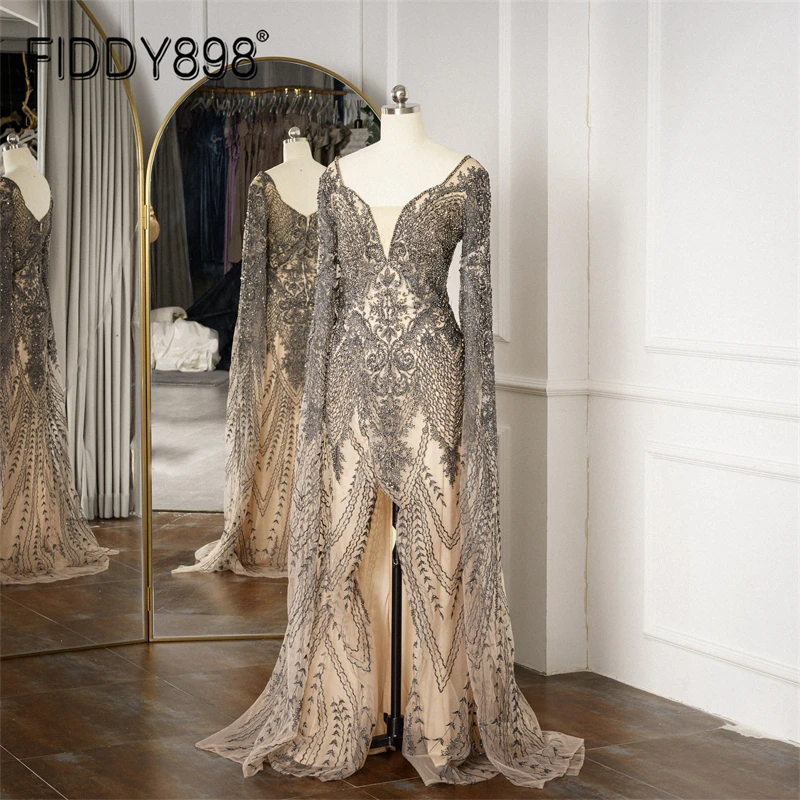Luxury Evening Dress Party Gown Long Sleeves Handmade Beaded Floor Length Prom Dresses Arabia vestidos de fiesta  Modest LWC8090
