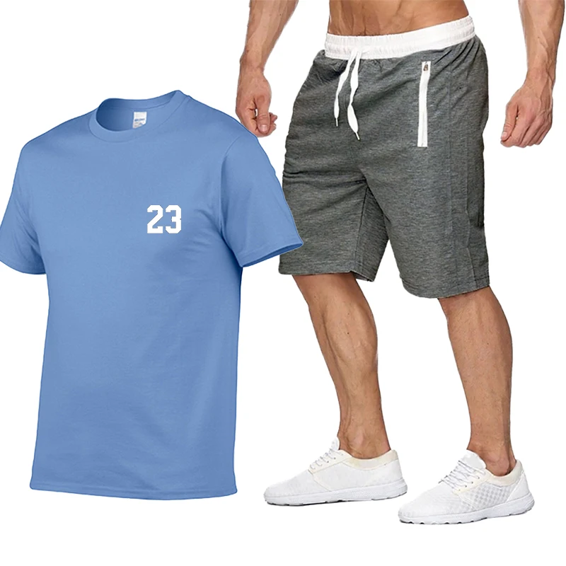 

Men's Tracksuit Summer 2021 Sportswear T-Shirt+ Shorts Two Pieces Set Men Sets Breathable Clothing Casual Jogging Men's Suit