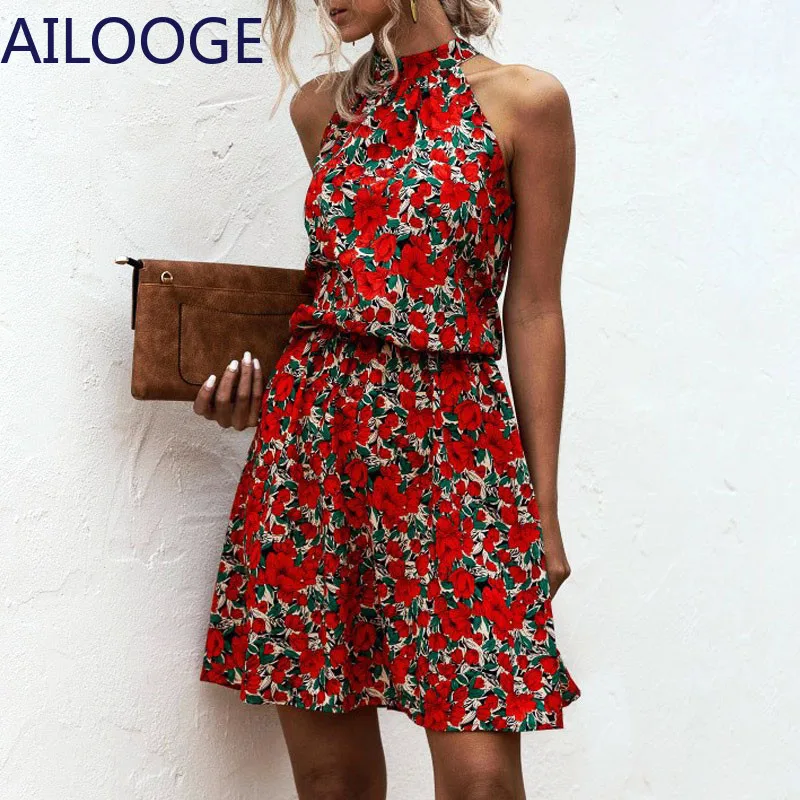 

Women Summer Floral Print Bohemian Beach Dress Sleeveless Sexy Halter Strapless A Line Holiday Mini Short Dress Casual