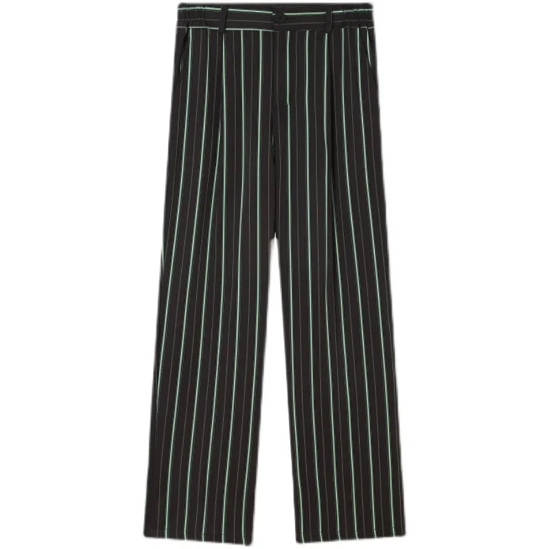 

New Men Green Stripe Straight Casual Suit Pant Korea Streetwear Vintage Fashion Long Trousers