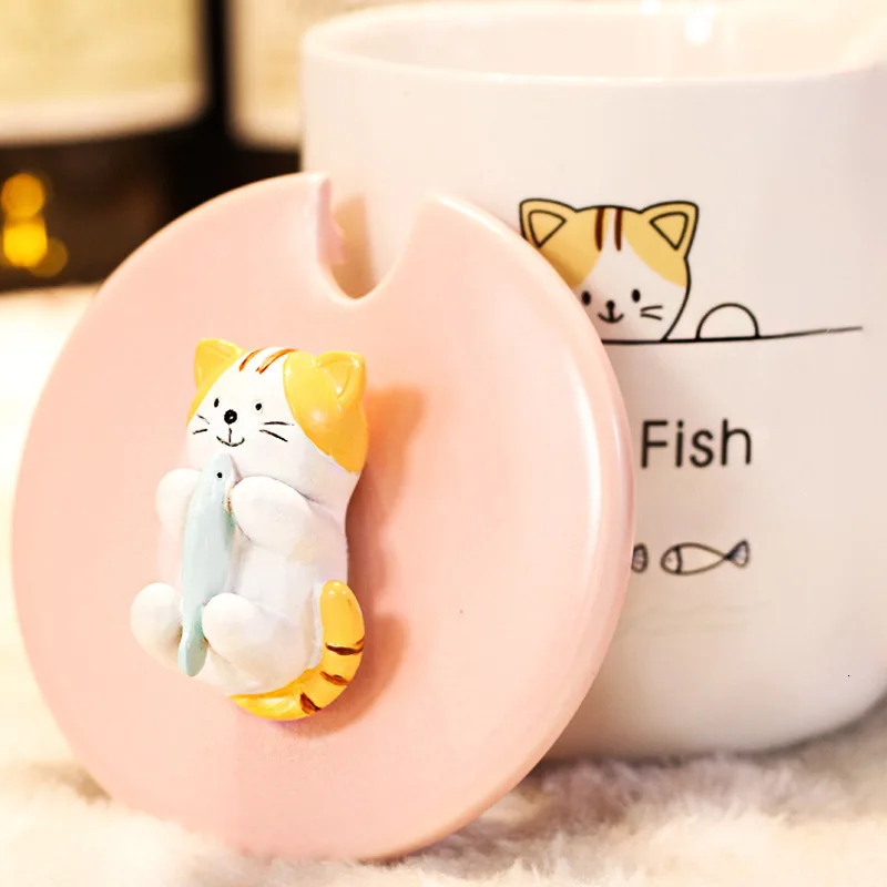 Керамические кофейные кружки с ложкой и изображением милого мультяшного кота