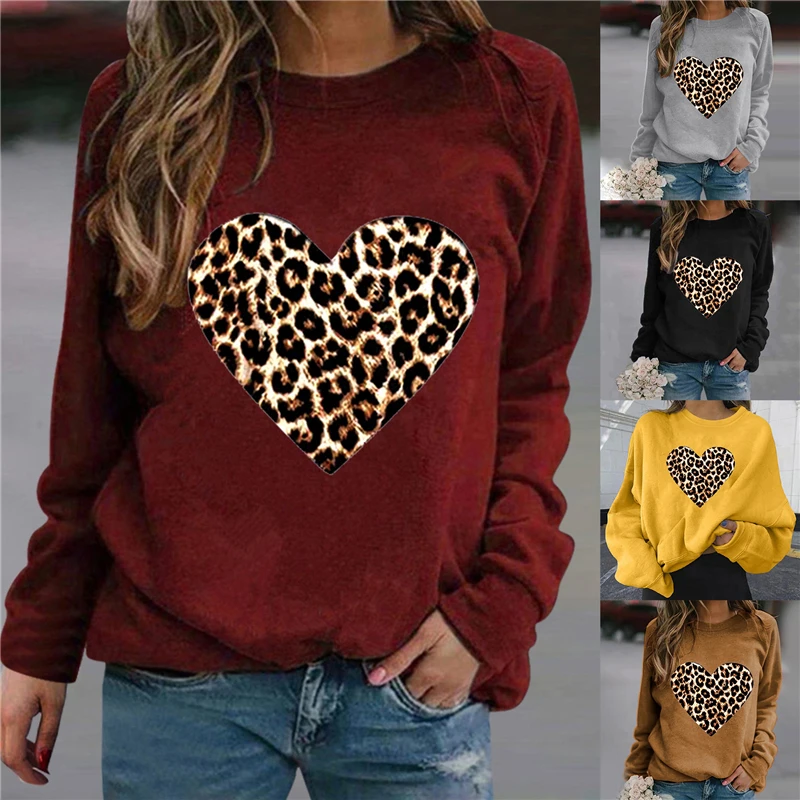 

2021 женские свободные пуловеры с принтом сердца, модная женская футболка с круглым вырезом, Осенние повседневные толстовки с длинным рукаво...