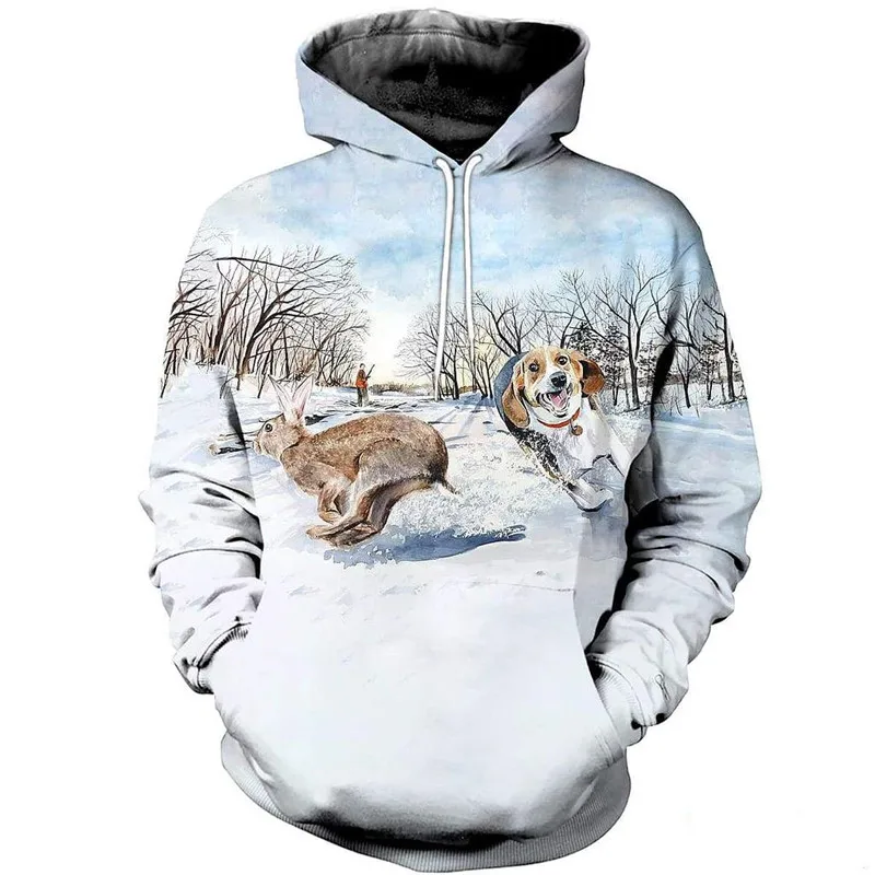 

New product men's hoodie3D overall printing beagle rabbit chasing sweatshirt autumn and winter men's and women's zipper hoodies