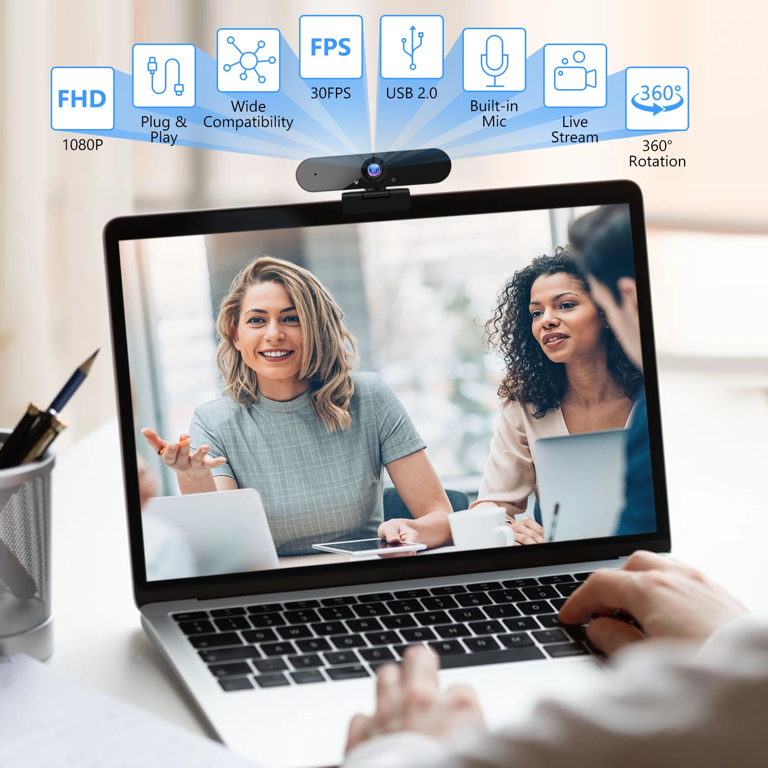 

USB Webcam 1080P HD Webcams PC 360 Rotatable Conference Webcams for Live Broadcast Video Calling with Privacy Cover