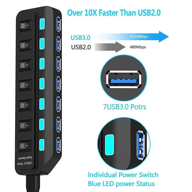 Концентратор USB 3 0 расширитель 7 портов с мощным адаптером и переключателем
