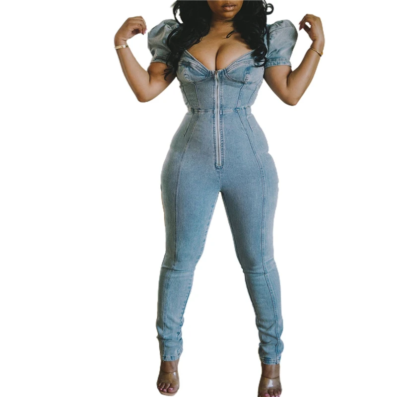 

2021 New Arrival Summer Sexy Puff Sleeve Zipper Jeans Denim Jumpsuit Playsuit Fashion Elegant Rompers Overalls Plus Size Outfits