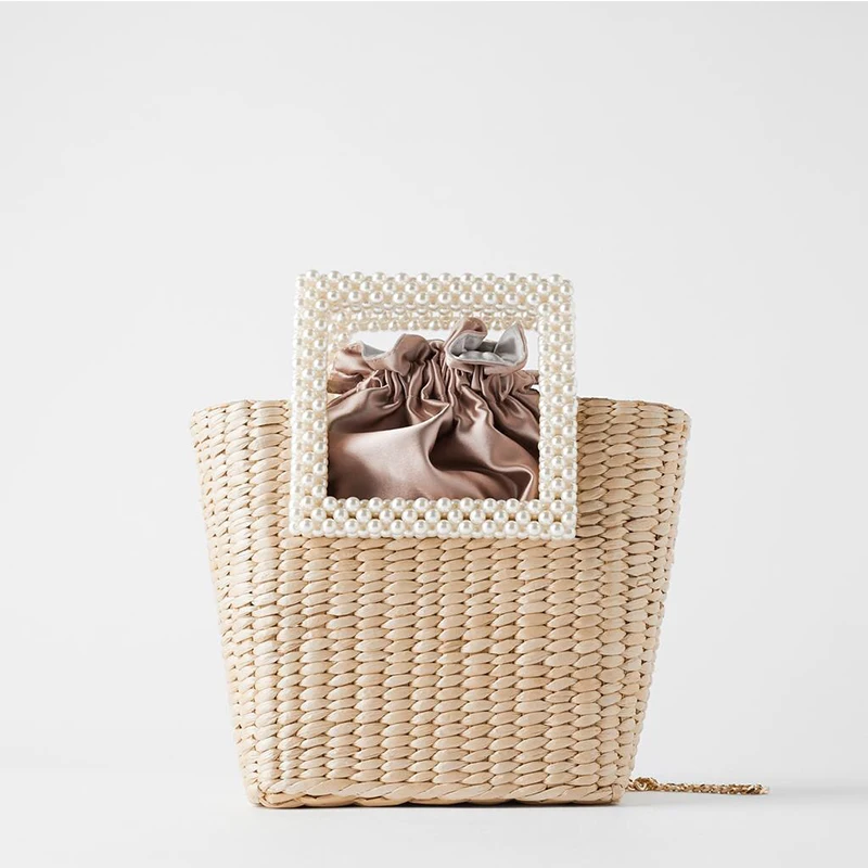 

New Bohemian Bag Summer Pearl Ladies Hand Bags Straw Basket Tote Woven Crossbody Bags for Women Portable Diagonal Dual-use Bag