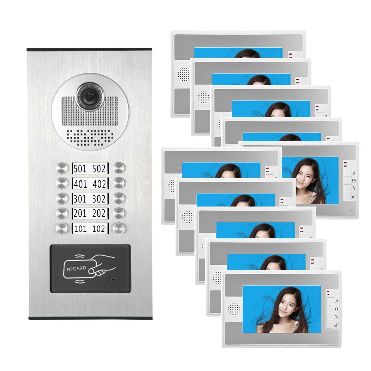 Video Intercom Apartments House Doorbell 7 Inch Wired Multi Unit Access RFID System 1 Camera 10 Monitor