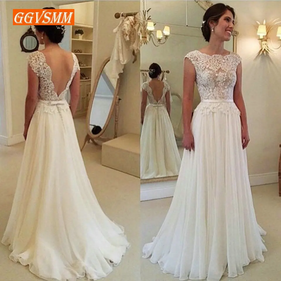 Fashion Boho White Wedding Dresses Long Chiffon A Line Ivory Wedding Gowns Backless Lace Cheap Princess Beach Bridal Dress