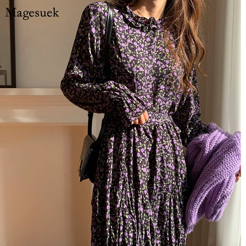 

Vintgae High Waist Pleated Dress Purple Floral Print Chiffon Dress Ruffled Midi Long Dresses Long Flare Sleeve Dresses 14153