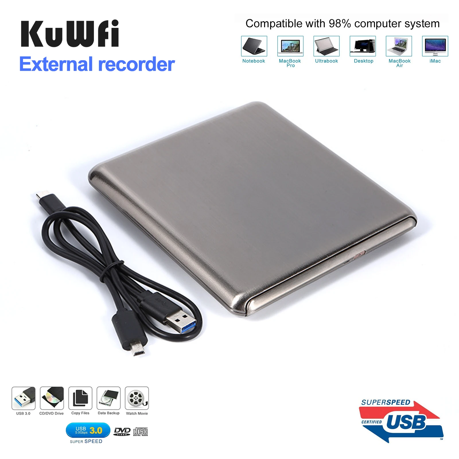 KuWFi USB 3.0 Type-C External DVD Burner DVD RW Optical CD/DVD Writer Recorder Drive For MAC OS Windows XP/7/8/10