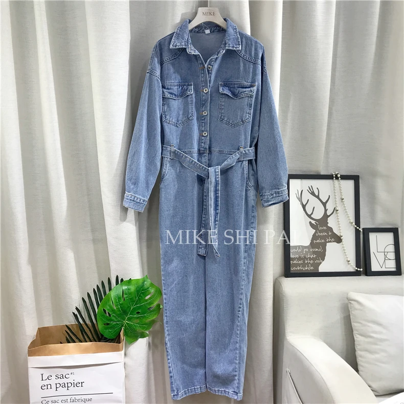 2020 New Korean Solid Color Loose Denim Jumpsuit Cowboy Pants Women's Spring Long Sleeve Full Length Playsuit Rompers