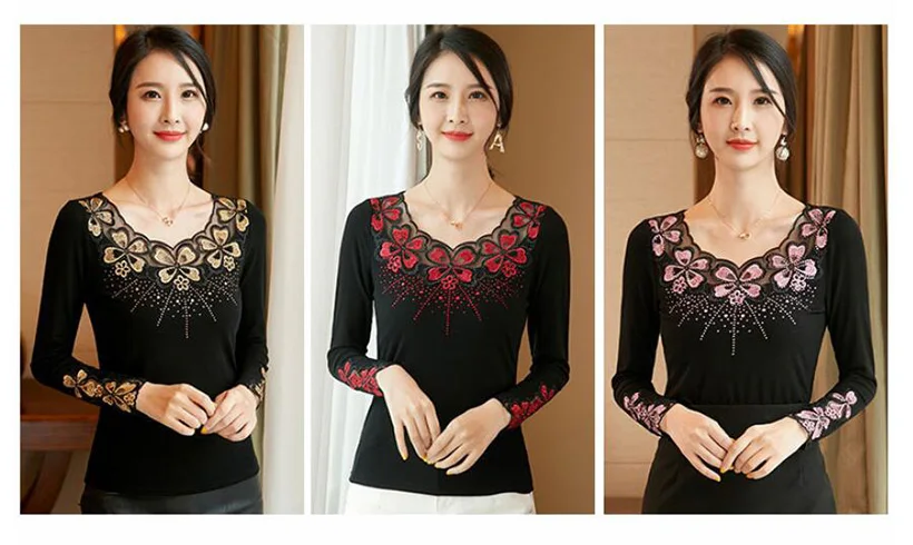 Blusas mujer de moda, Осенние сетчатые топы с длинными рукавами и вышивкой, модная Повседневная Блузка с бриллиантами, рубашка, большие размеры